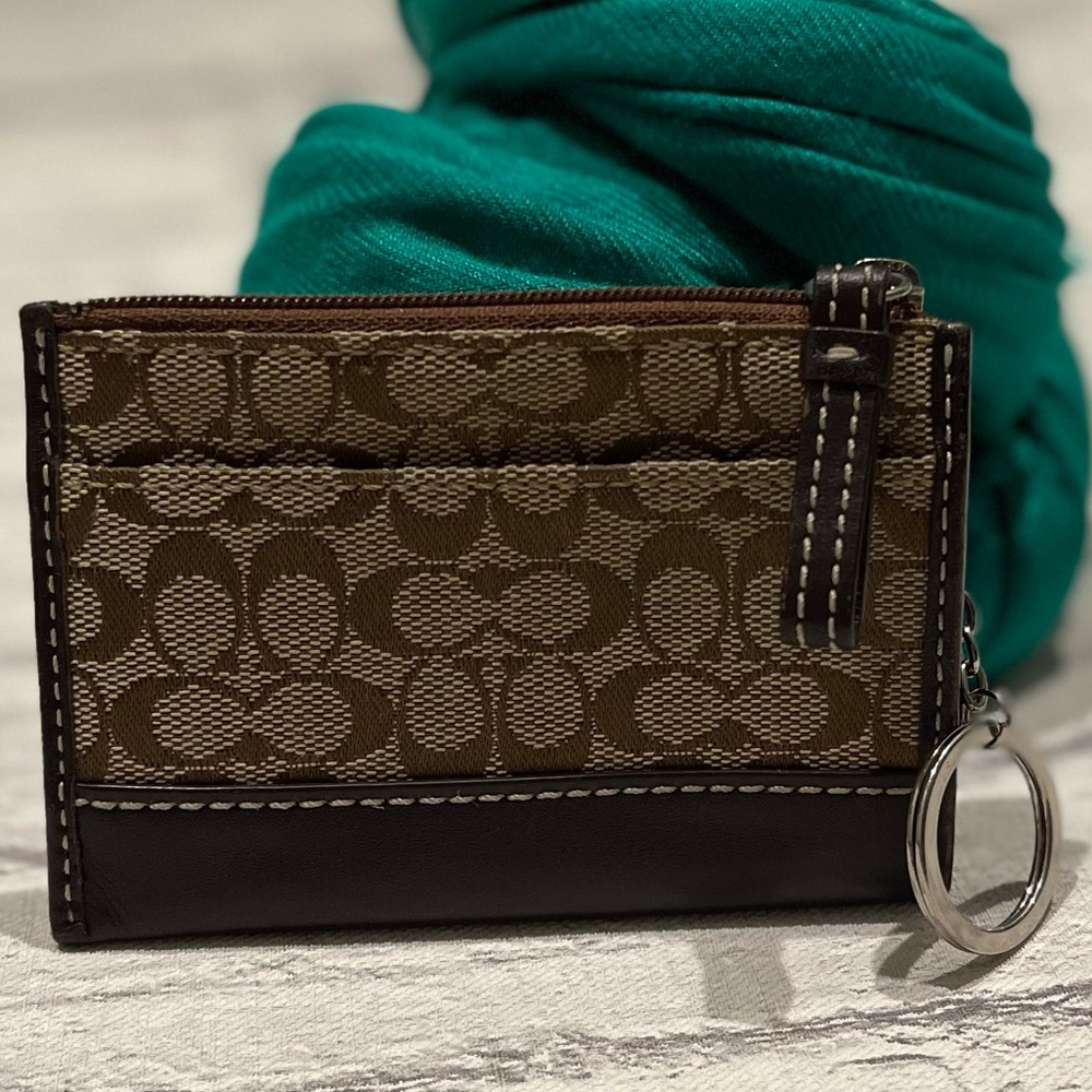 Coach Card Case with Zipper in Signature Brown Cloth